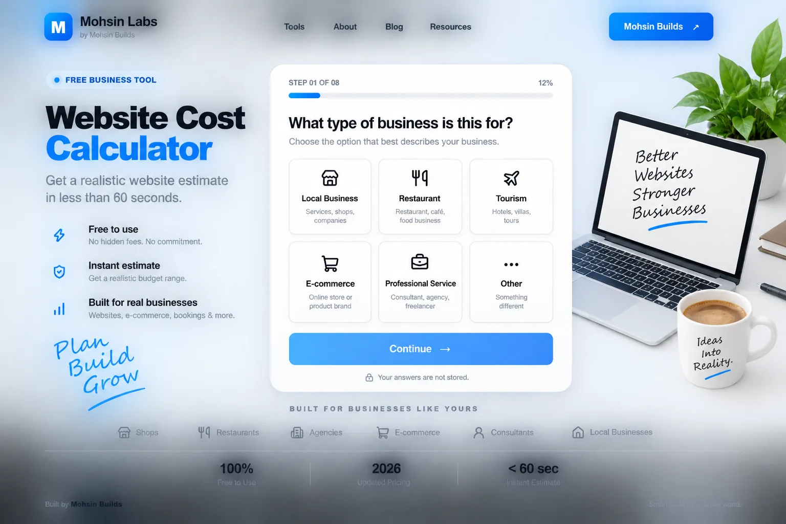 Website Cost Calculator interface for estimating website project costs